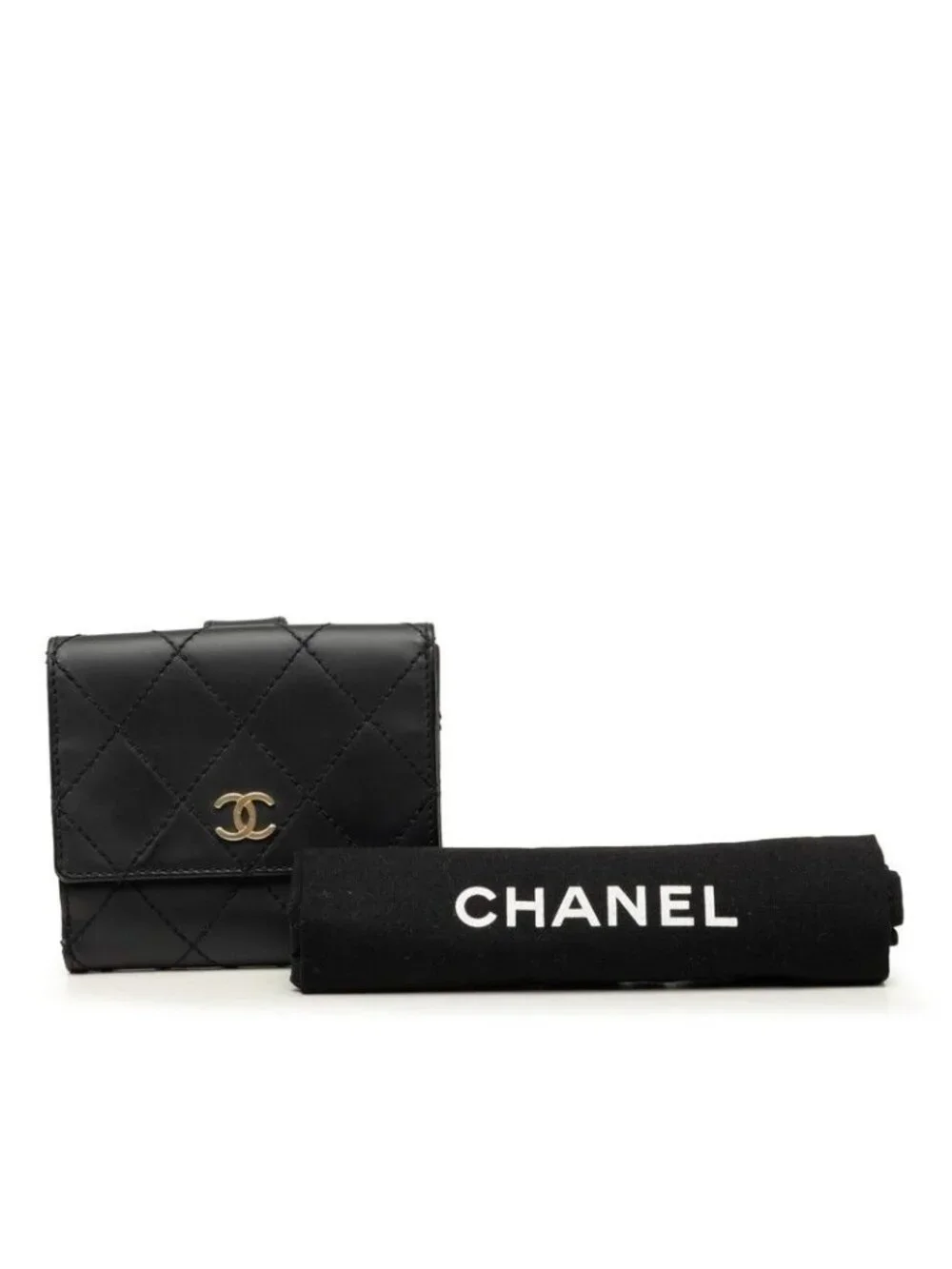 Chanel Wild Stitch CC Logo Bifold Wallet Black Gold Leather